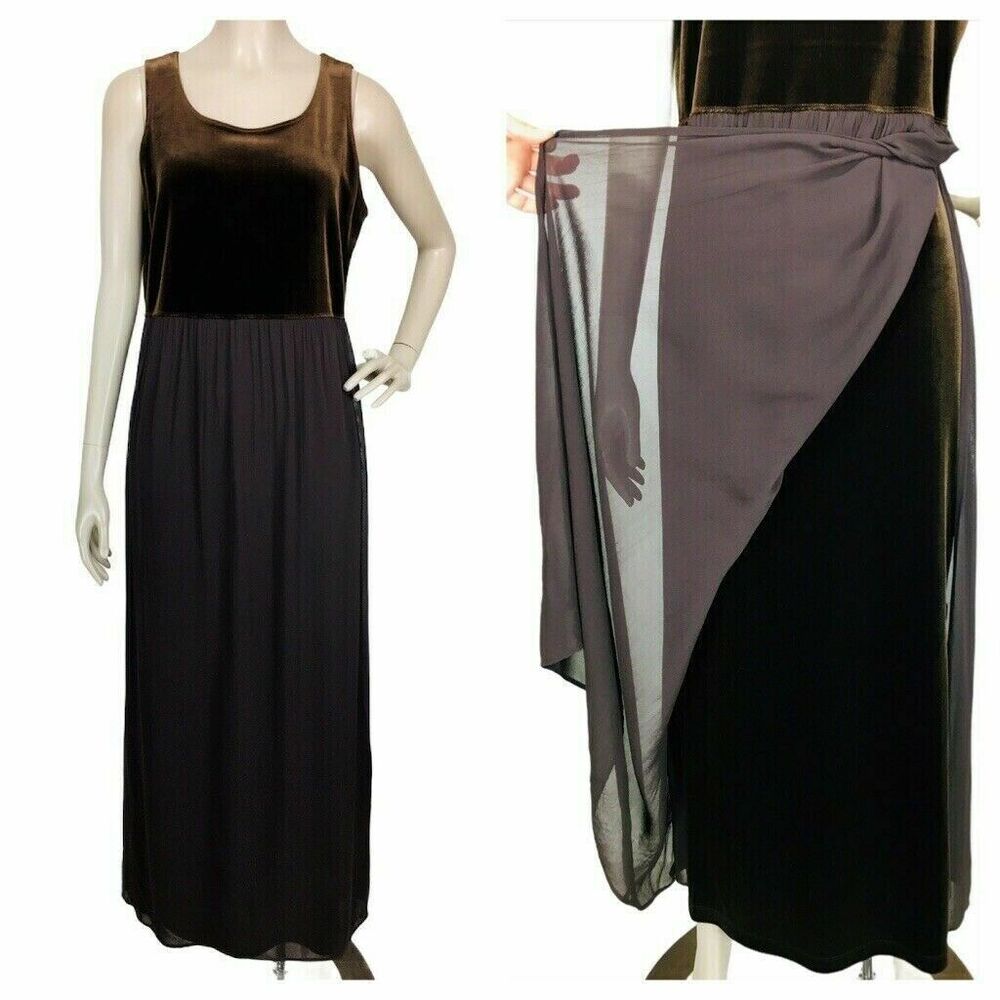 Vintage 90s Carole Little Brown Sleeveless Velvet Chiffon Overlay Maxi Dress